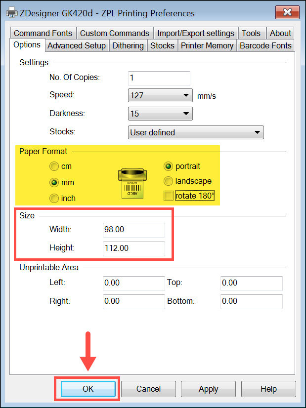 Label Printer Size Settings